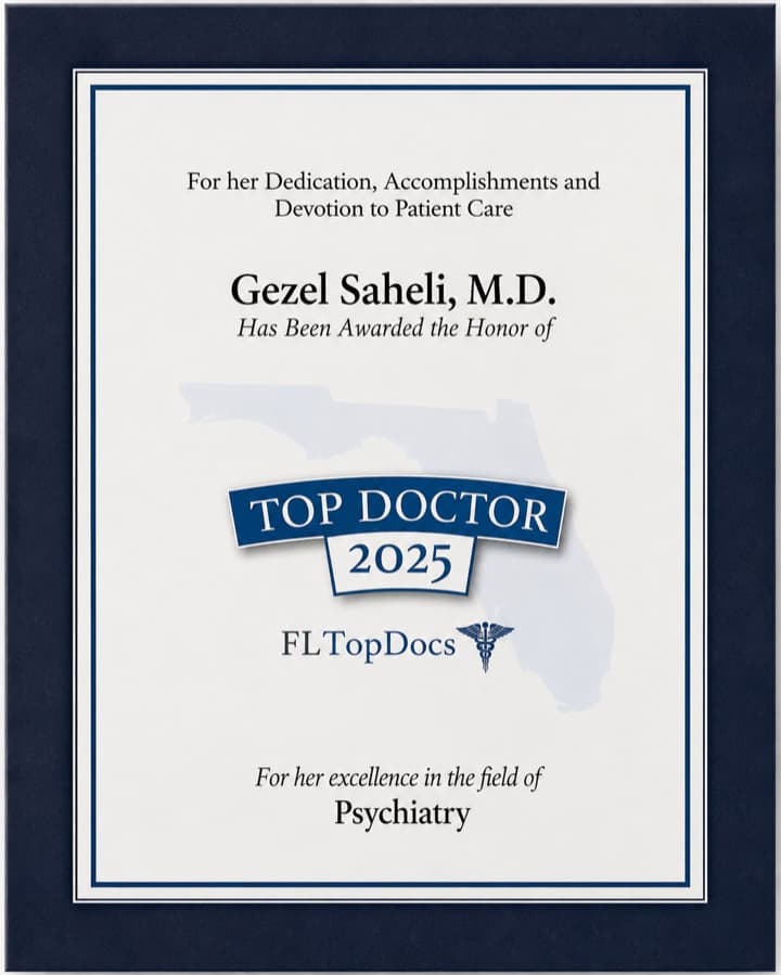 Florida Top Doctor certificate for Excellence in Psychiatry, 2025
