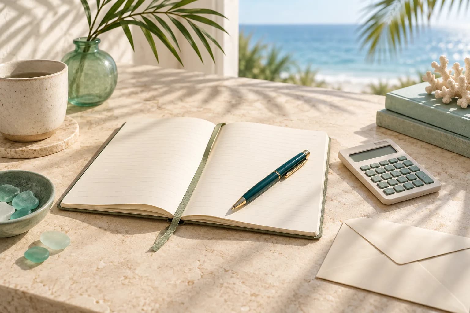 Notebook, pen and calculator on a sunlit desk, illustrating preparation for care costs